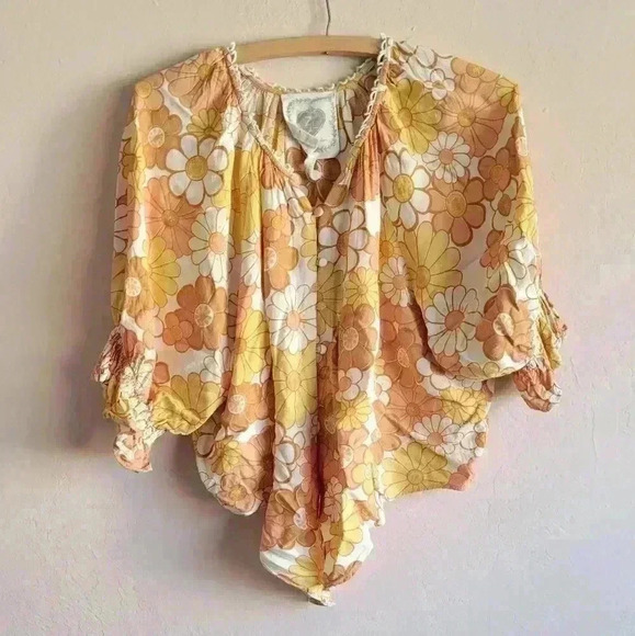 Z&L Yellow And Orange floral cropped tie front blouse Size Medium - Picture 1 of 14